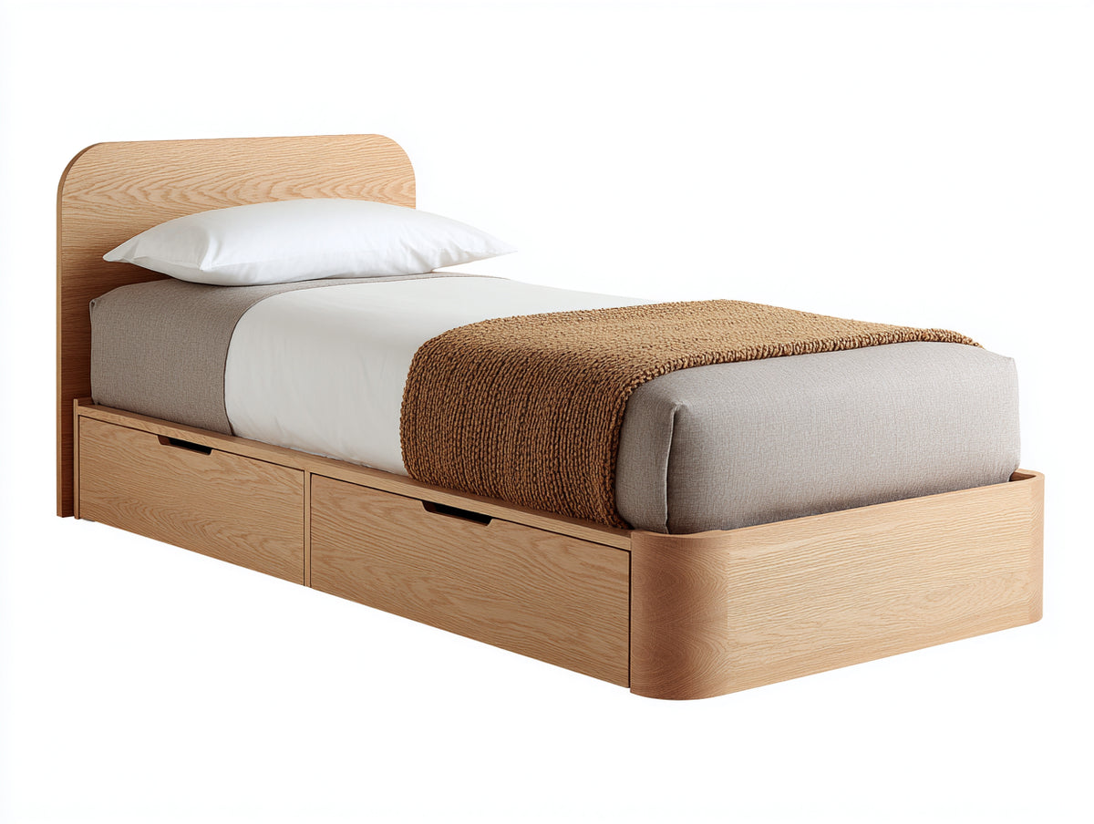 Einzelbett Holzwerkstoff 210x100x115 cm - Naturholz - Modernes Einzelbett mit 2 Schubladen und abgerundetem Kopfteil