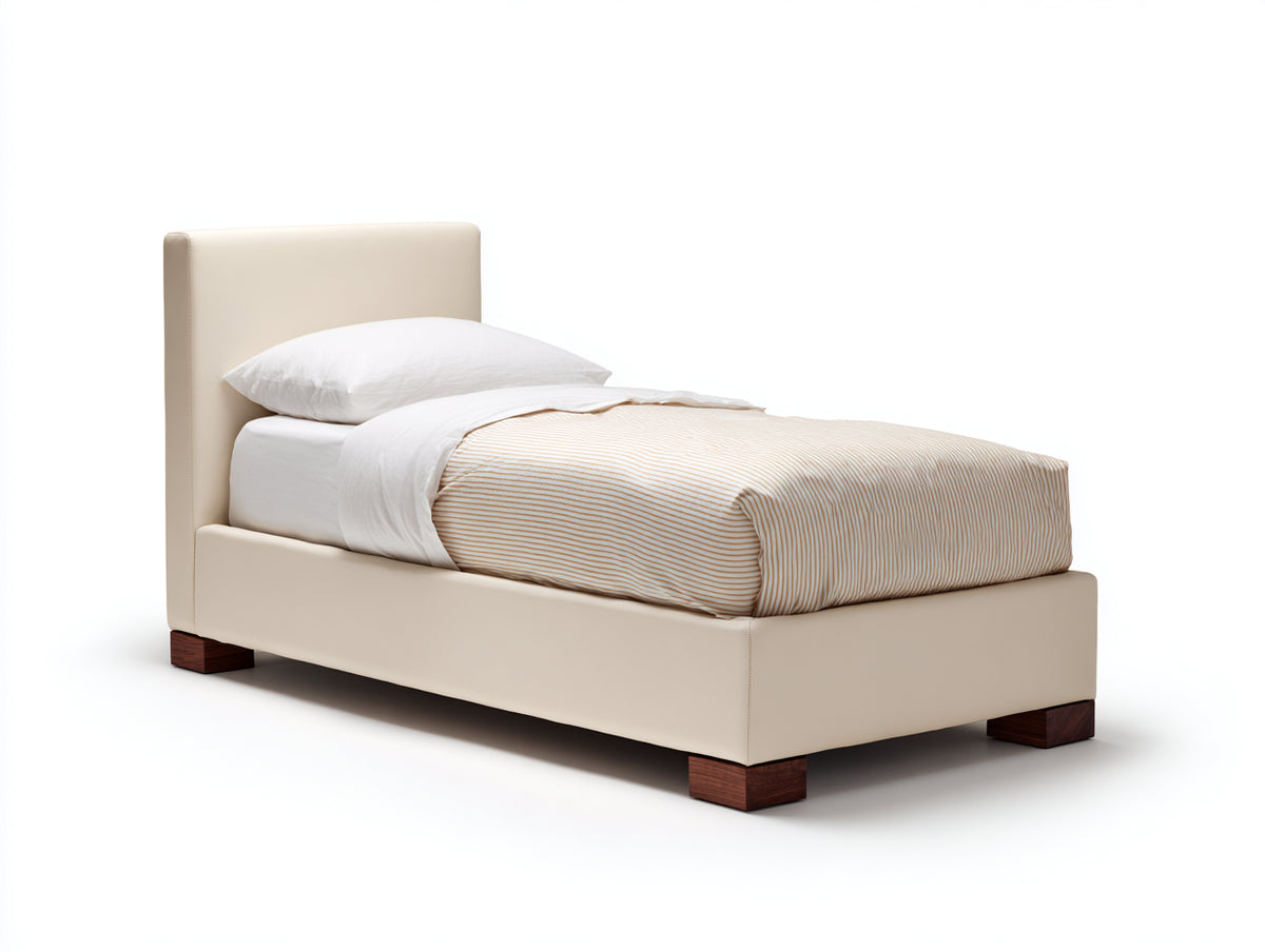 Einzelbett Kunstleder und Holz 210x100x115 cm - Cremeweiß und Dunkelbraun - Modernes Einzelbett mit gepolstertem Kopfteil und Holzfüßen
