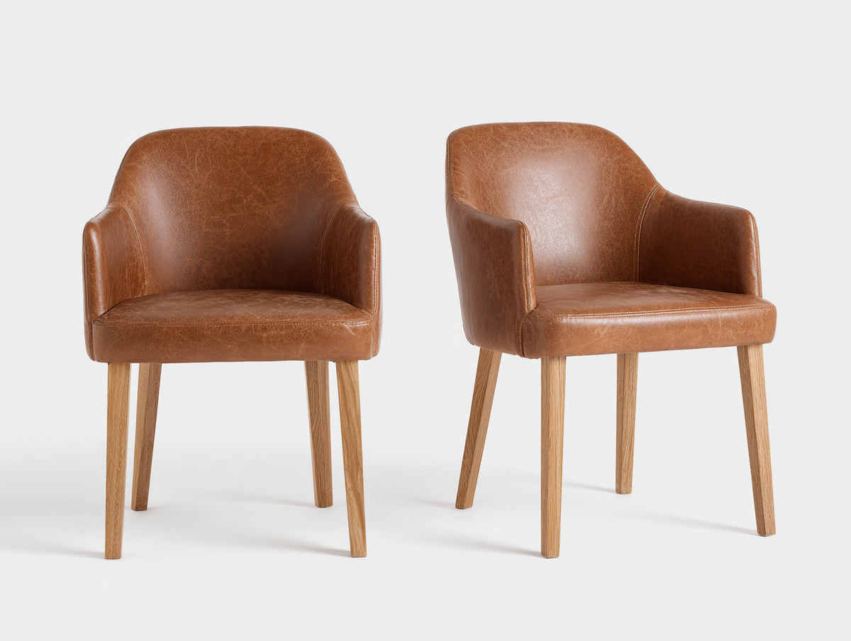 2er Set Esszimmerstühle aus Kunstleder und Holz 60 x 62 x 84 cm - Cognac-Naturholz - modernes Design mit Armlehnen