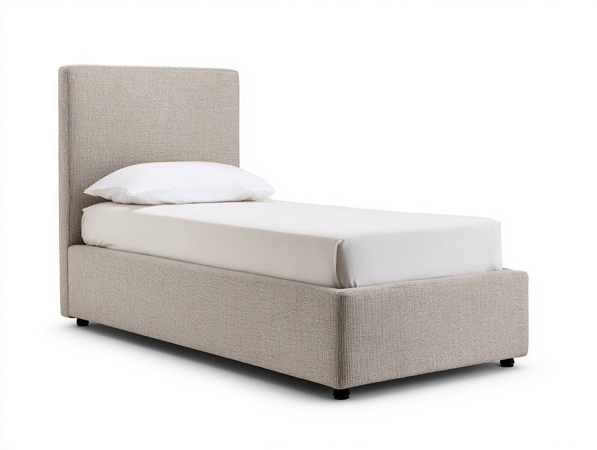 Einzelbett aus Holzwerkstoff und Stoff 200x100x110 cm - Beige - gepolstertes Kopfteil im modernen Stil