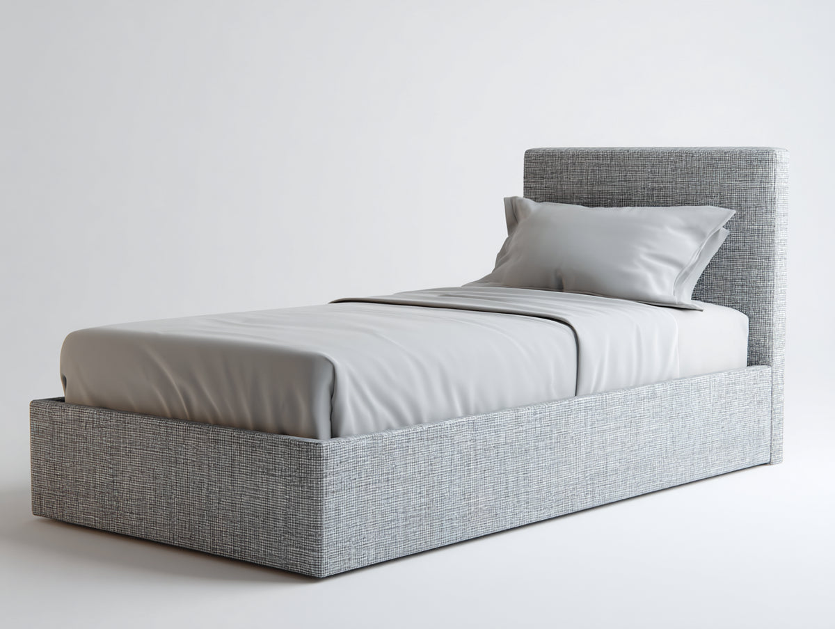 Einzelbett aus Holzwerkstoff und Stoff 200x100x105 cm - Hellgrau - gepolstertes Kopfteil im modernen Stil