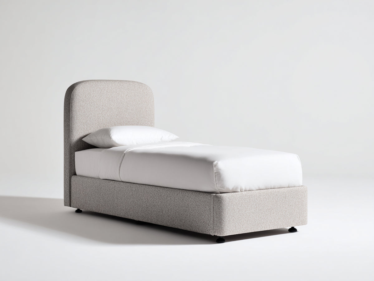 Einzelbett aus Holzwerkstoff und Stoff 200x100x105 cm - Beige - gepolstertes Kopfteil mit abgerundeten Ecken im modernen Stil