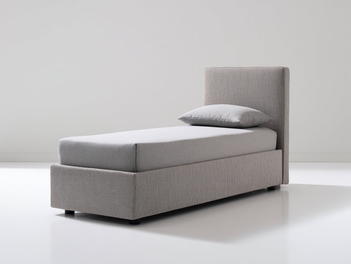 Einzelbett aus Holzwerkstoff und Stoff 200x100x105 cm - Hellgrau - gepolstertes Kopfteil im modernen Stil